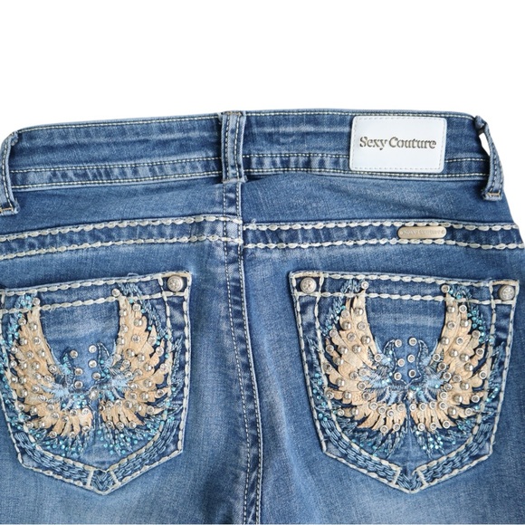 Sexy Couture Denim - Sexy Couture Mid Rise Flare Jeans 7 Womens Y2K Embroidery Wings Rhinestone Blue